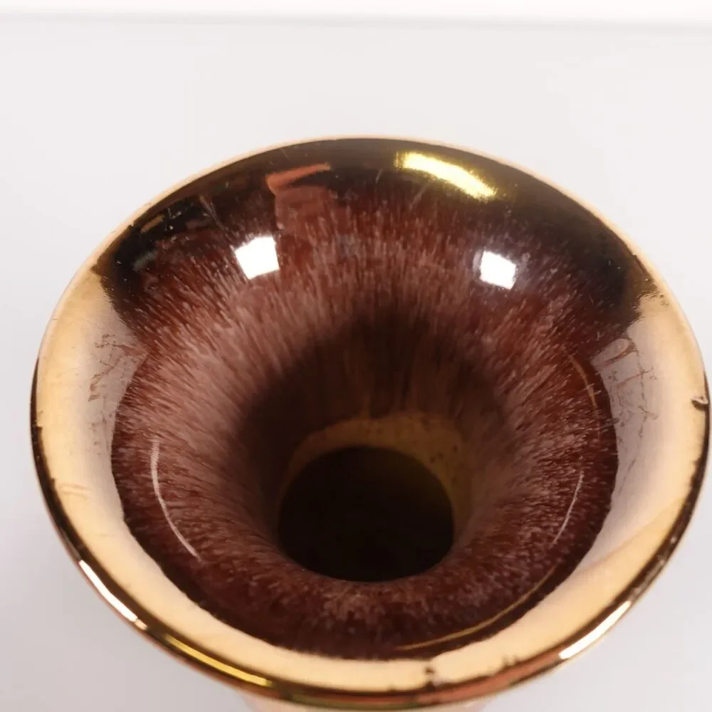 Vintage Keramik Western Germany Drip Glaze Trumpet Neck Vase Brown Gold Rim 5